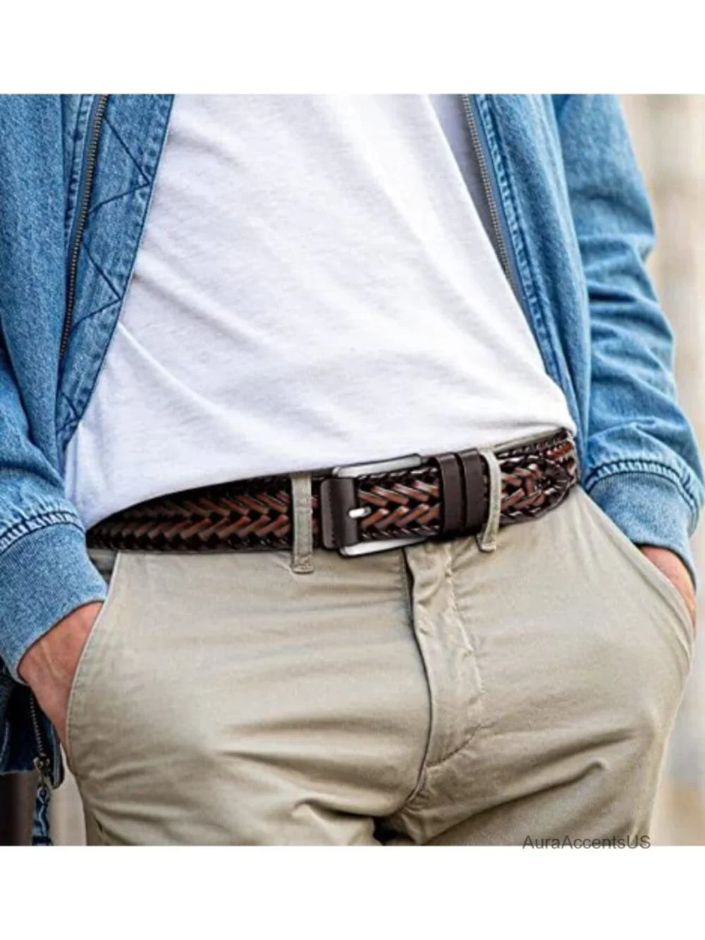 Men's Braided Leather Belt - Holeless Adjustable Woven Golf Belt